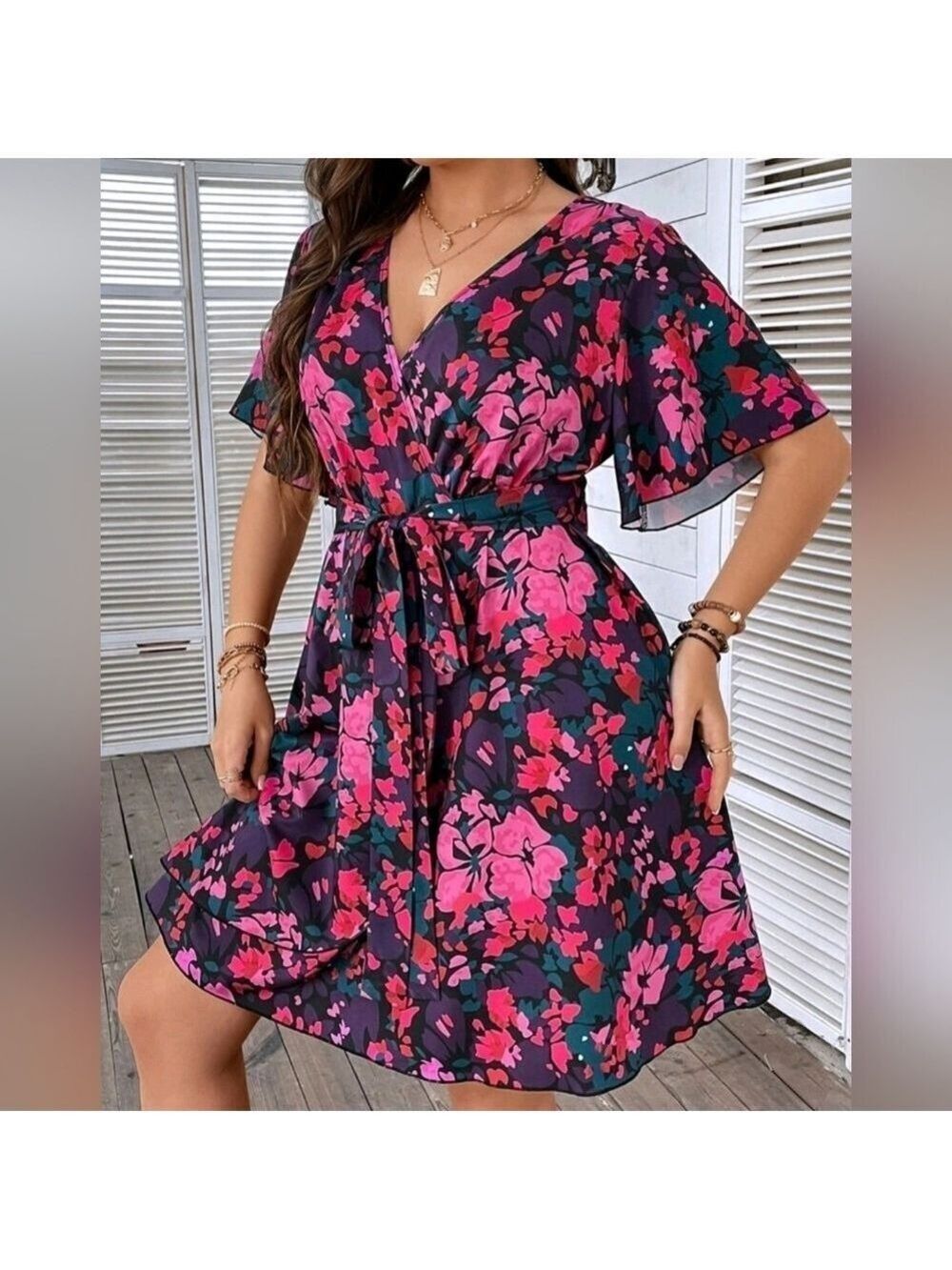 Floral Print Flounce Sleeve Belted Dress